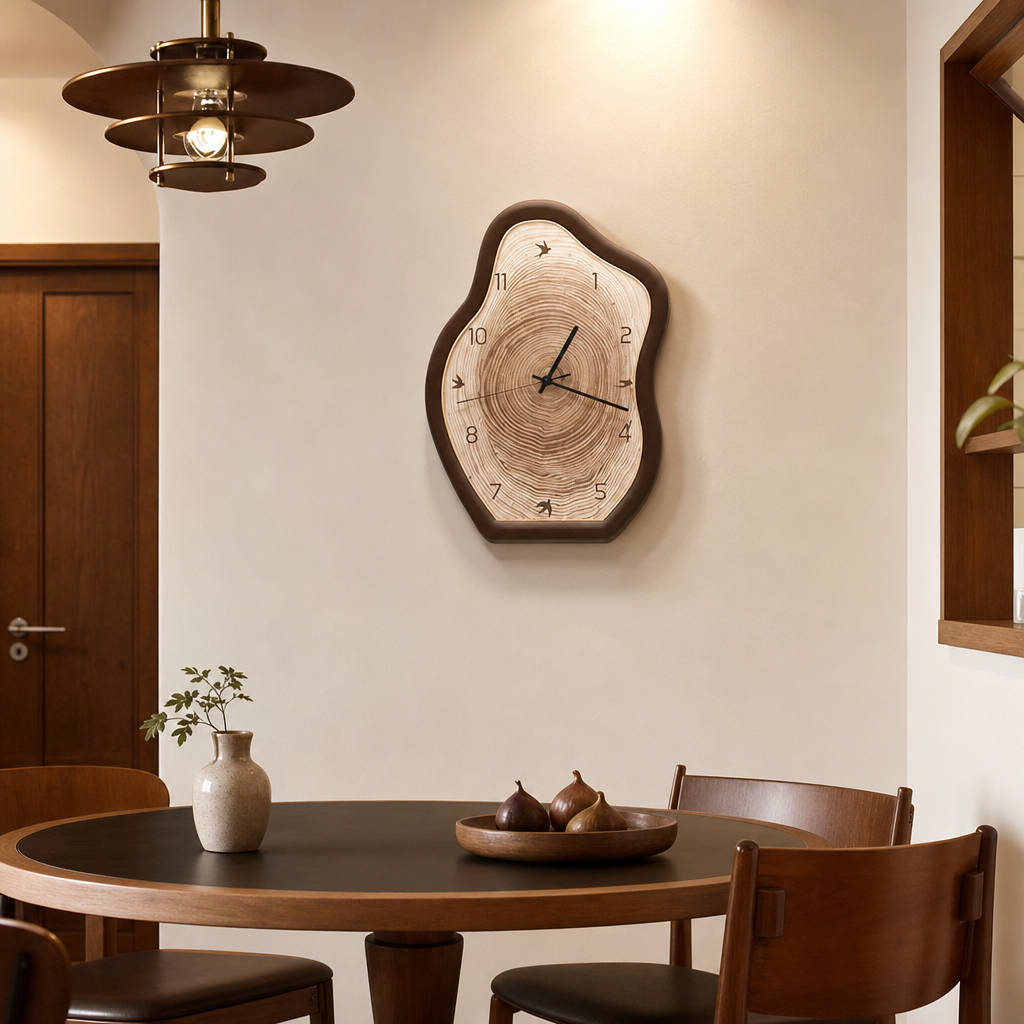 Irregular wood-slice wall clock with tree-ring face and dark frame above a dining table.