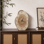 Natural wood slice wall clock with visible tree rings and black hands on a wooden cabinet.