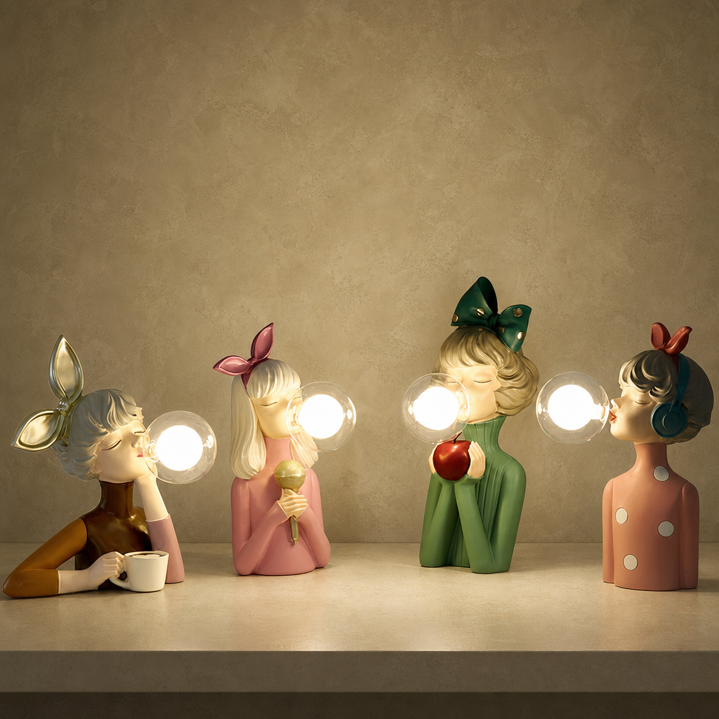 Four decorative girl figurine lamps with glowing bubble lights and colorful bows on a shelf.