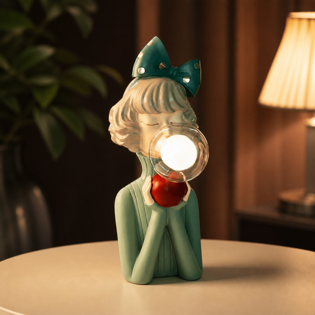 Girl figurine lamp with green bow holding a glowing bulb on a warm tabletop.