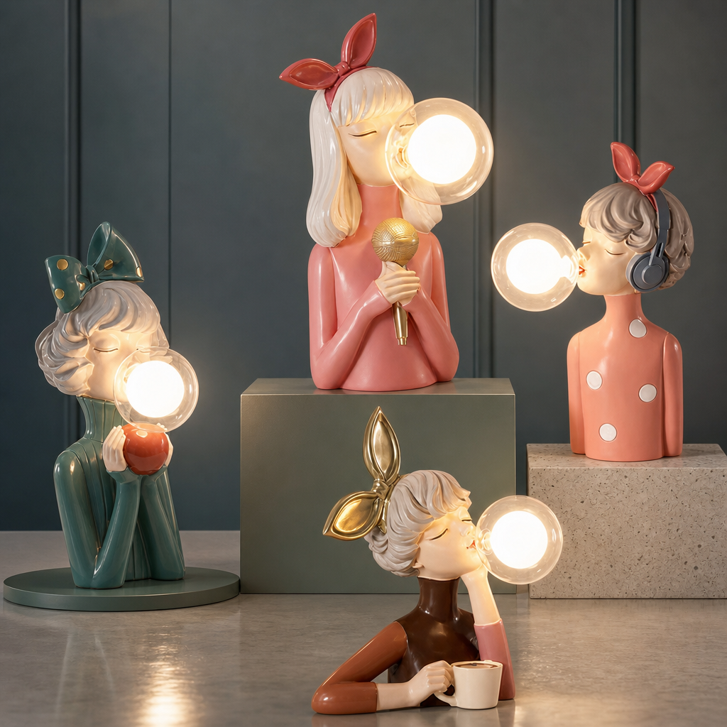 Decorative girl-shaped bubble lamp figurines with glowing bulbs on display.