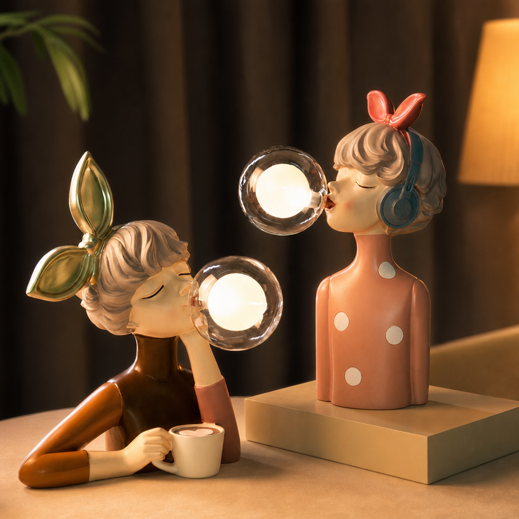 Two whimsical girl lamps with glowing bubble lights on a warm tabletop display.