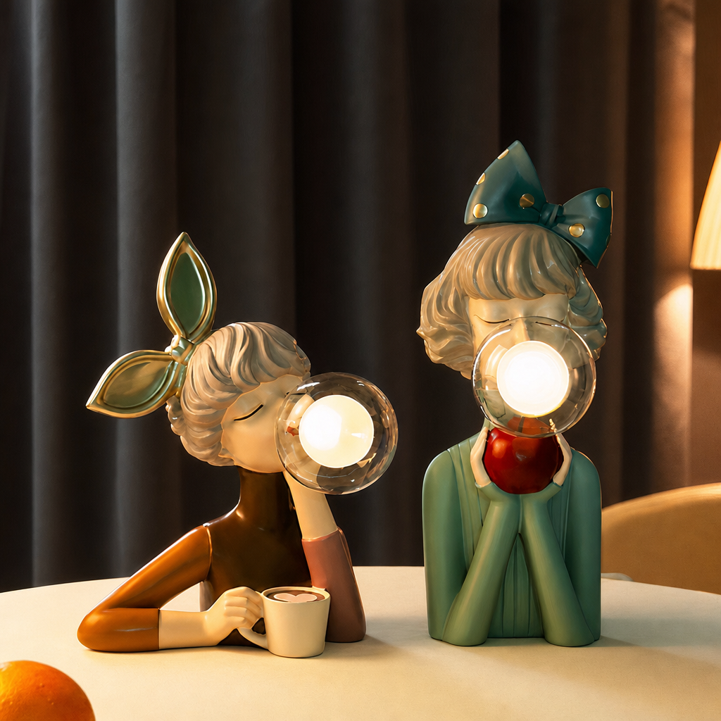 Two decorative girl figurine lamps with glowing glass globes sit on a table.