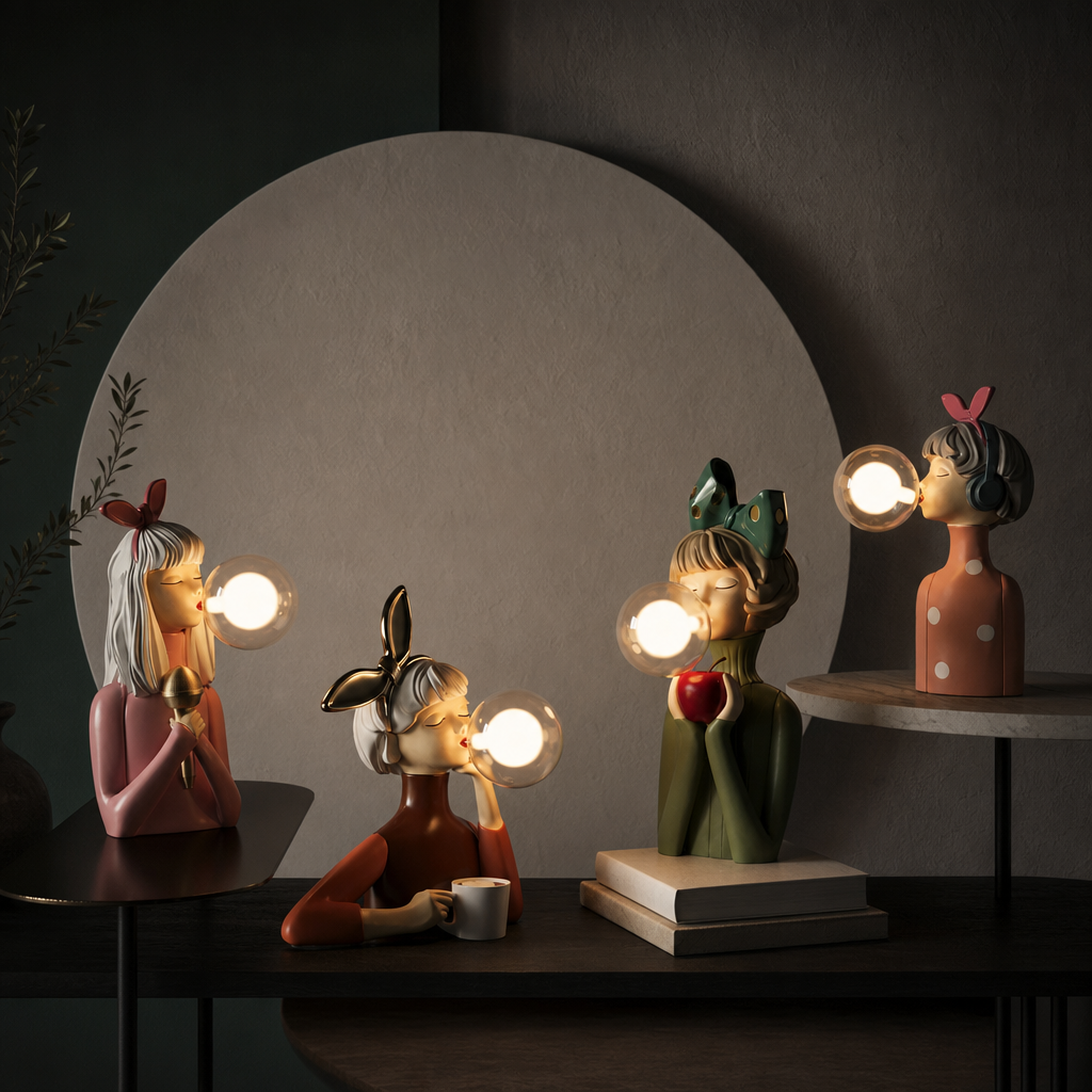 Four whimsical girl-shaped bubble lamps glow on dark tables against a large round wall panel.