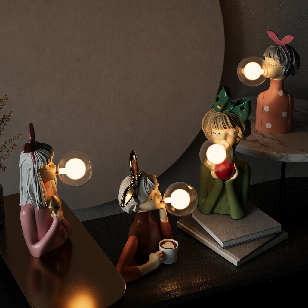 Decorative girl figurine lamps blowing glowing bubble bulbs on a dark tabletop.