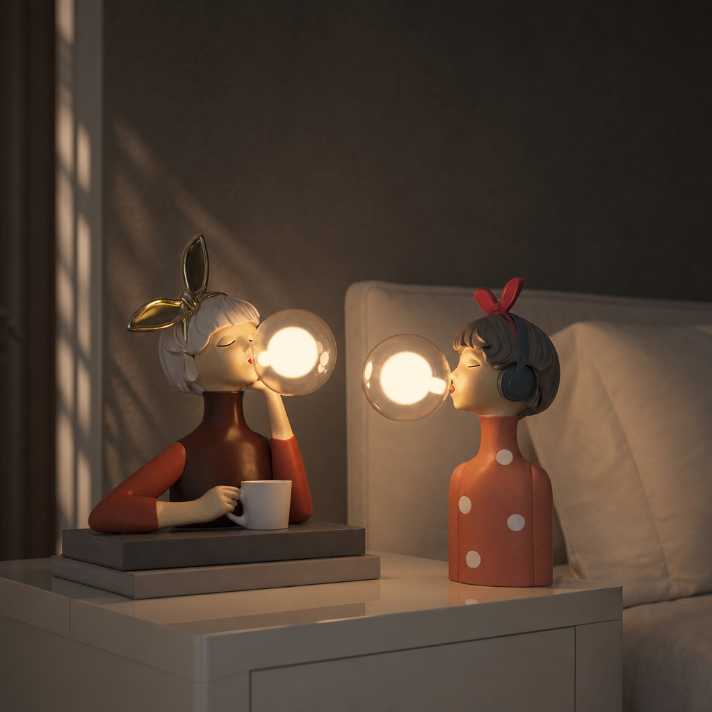 Two whimsical girl lamps with glowing bubble lights sit on a bedside table.