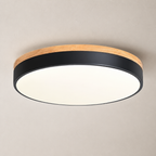 Round ceiling light with wood trim, black band, and glowing white diffuser.