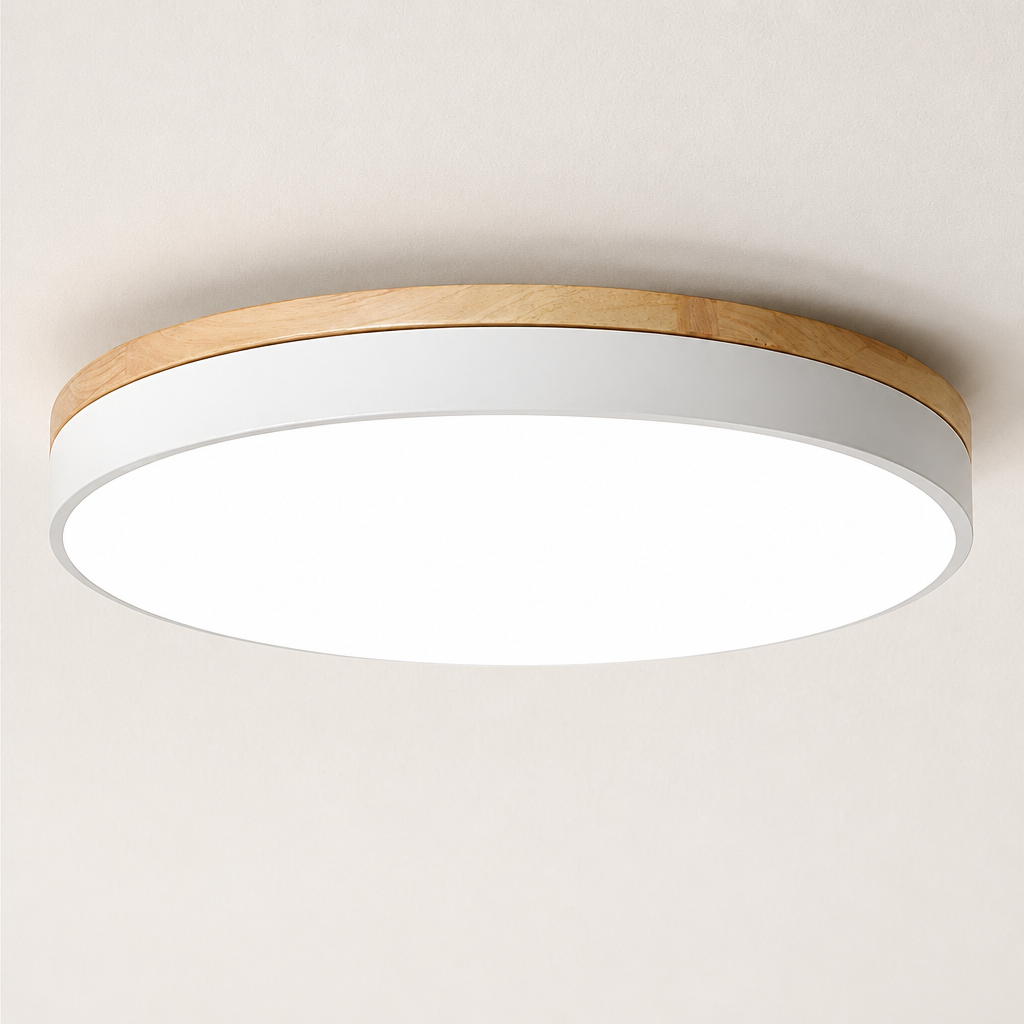 Round ceiling light with wood trim, white metal band, and glowing white diffuser.