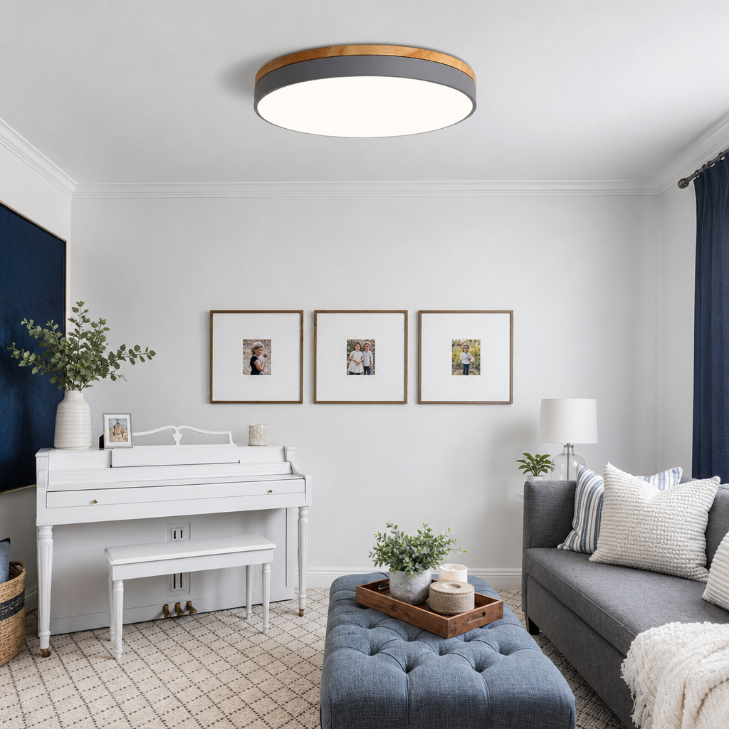 Round wood-and-charcoal flush mount ceiling light in a bright living room.
