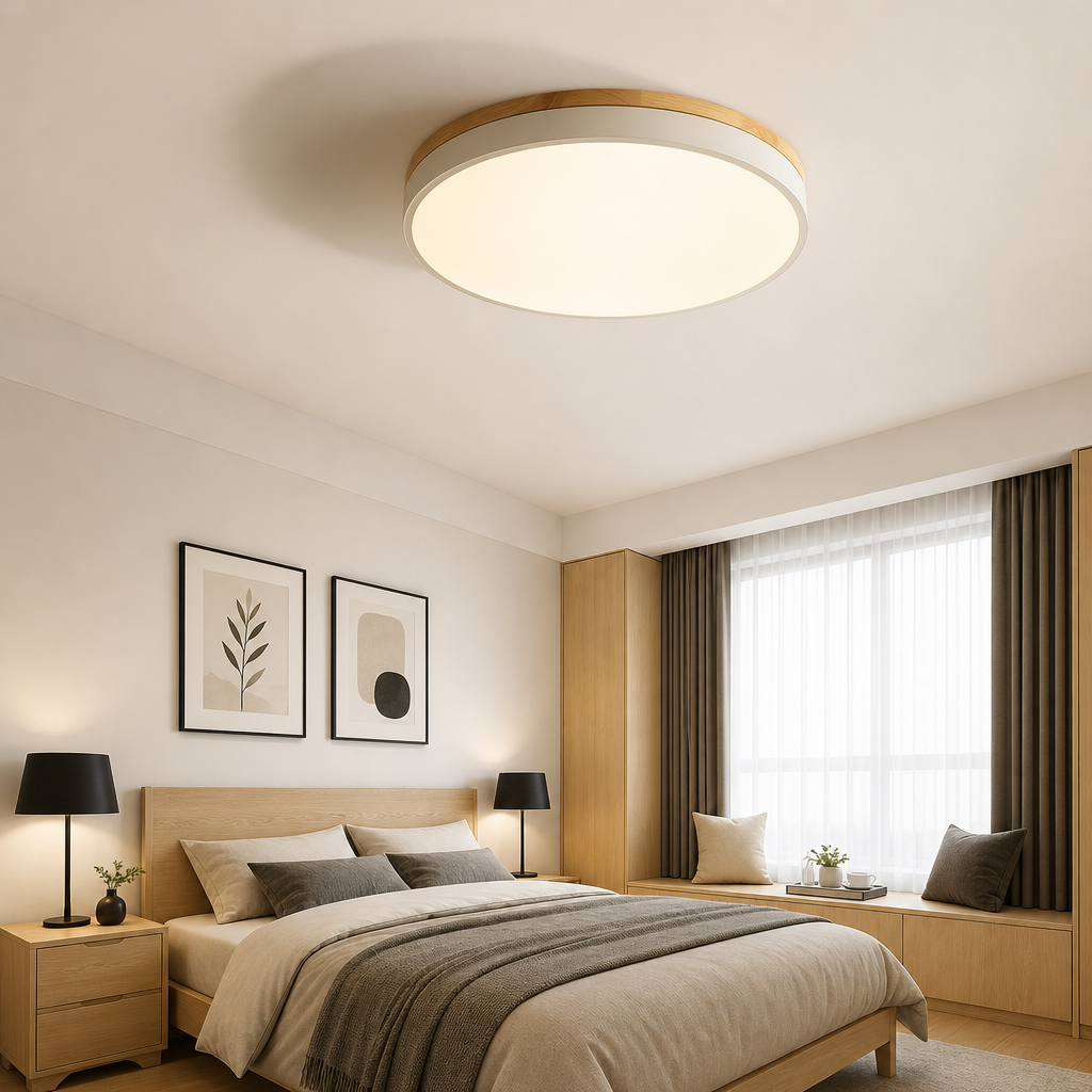 Round wood-trim ceiling light above a warm modern bedroom with bed and window.