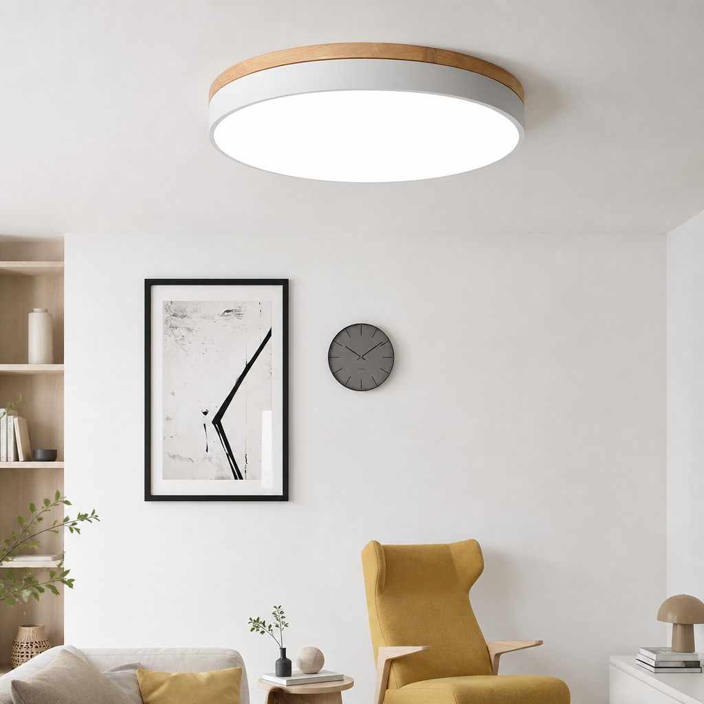 Round flush mount ceiling light with wood trim glowing in a modern living room.