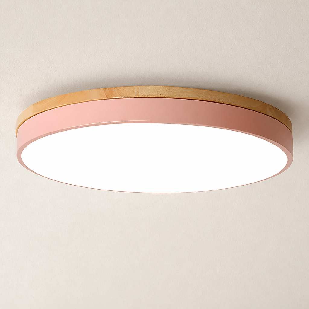 Round flush mount ceiling light with a pink side band and wood-tone rim.