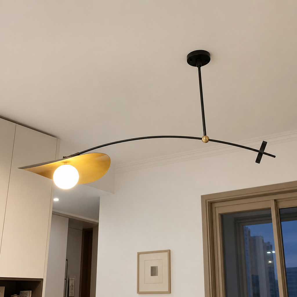 Modern black ceiling light with glowing globe and gold shade in a white room.