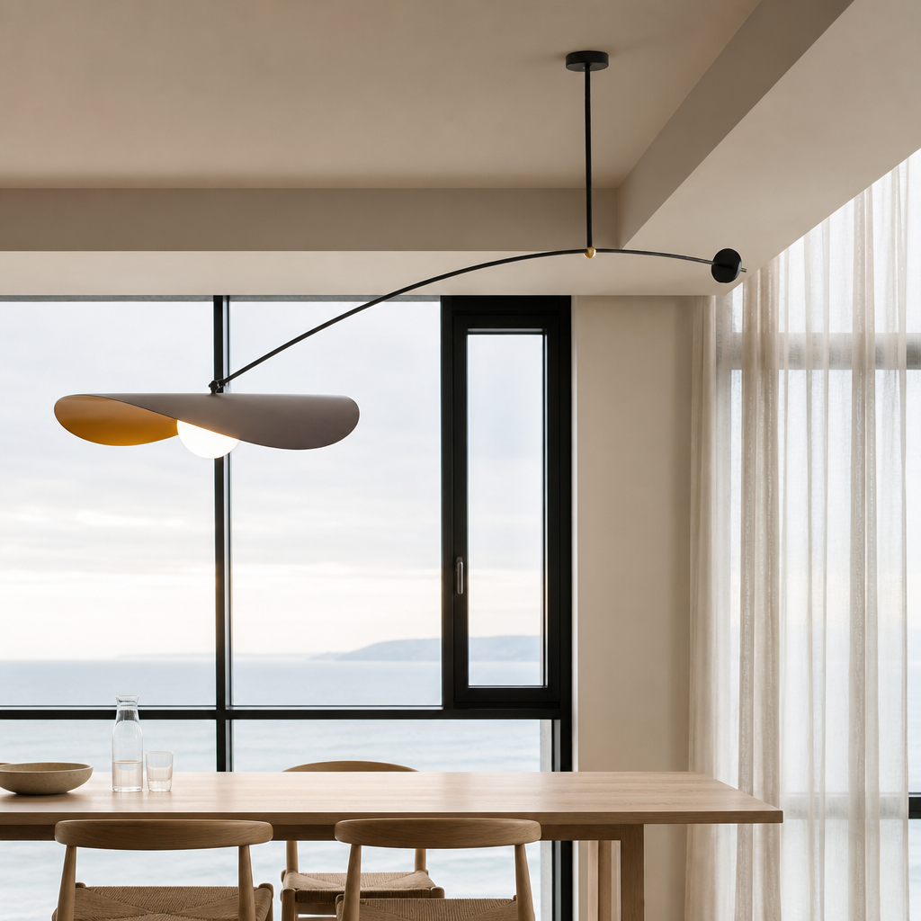 Modern arched ceiling pendant with black arm and three oval shades above a wooden dining table.