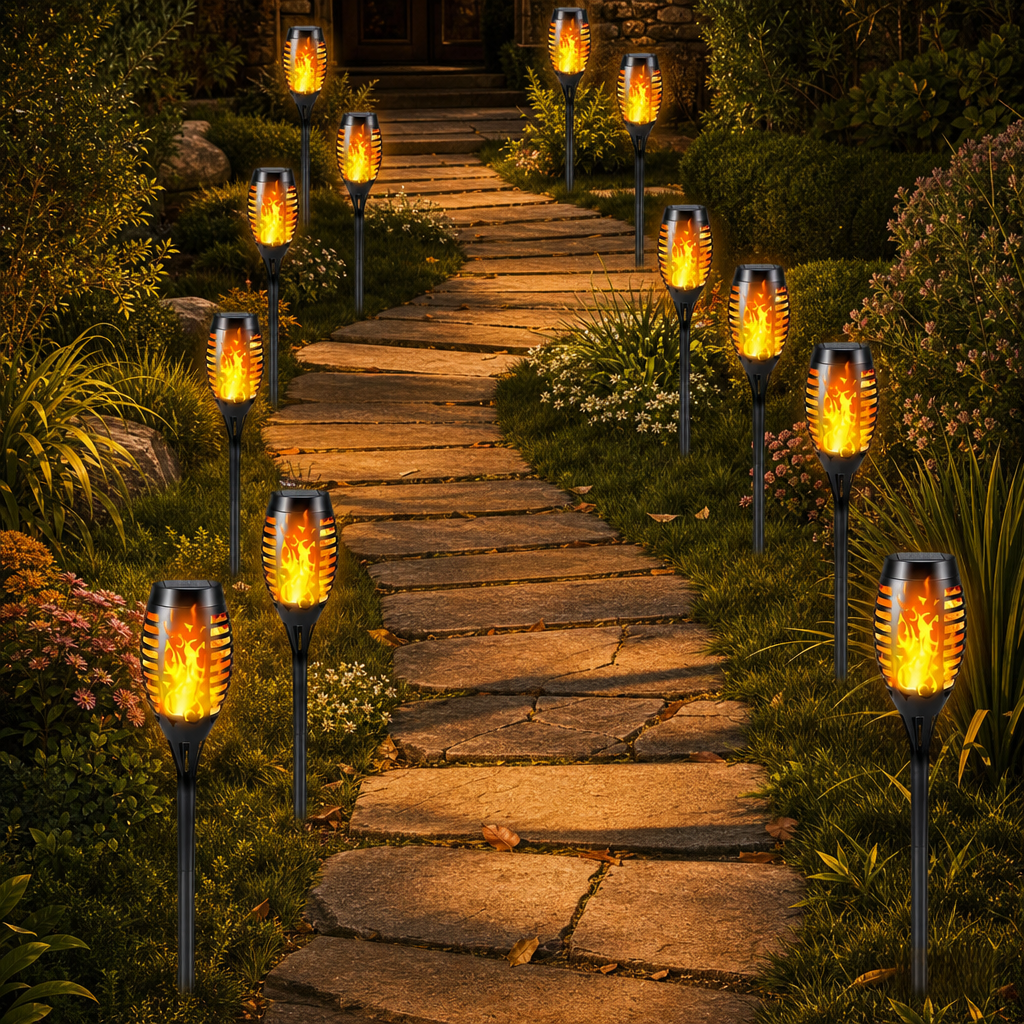 Black solar torch path lights with glowing flame bulbs lining a garden walkway at night.