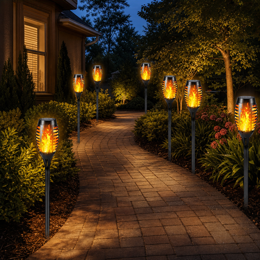 Flame-style solar garden torches illuminate a curved brick pathway at night.