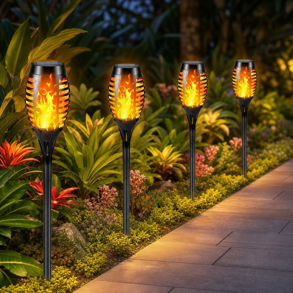 Four black solar flame lamps glow along a garden path.