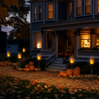 Solar flame pathway lights illuminate a fall-decorated front yard with pumpkins.