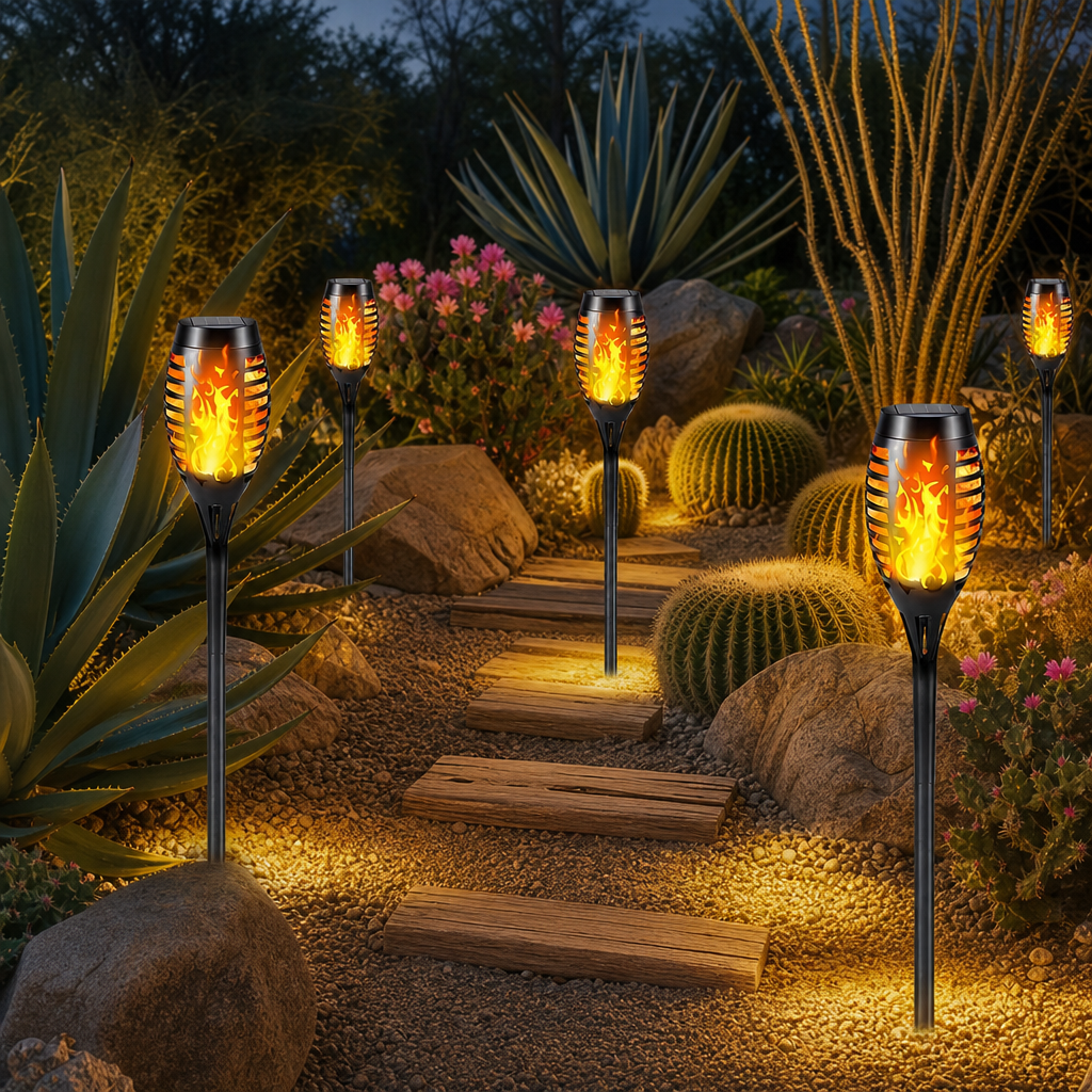 Flame-style solar garden stake lights glowing among desert plants at dusk.