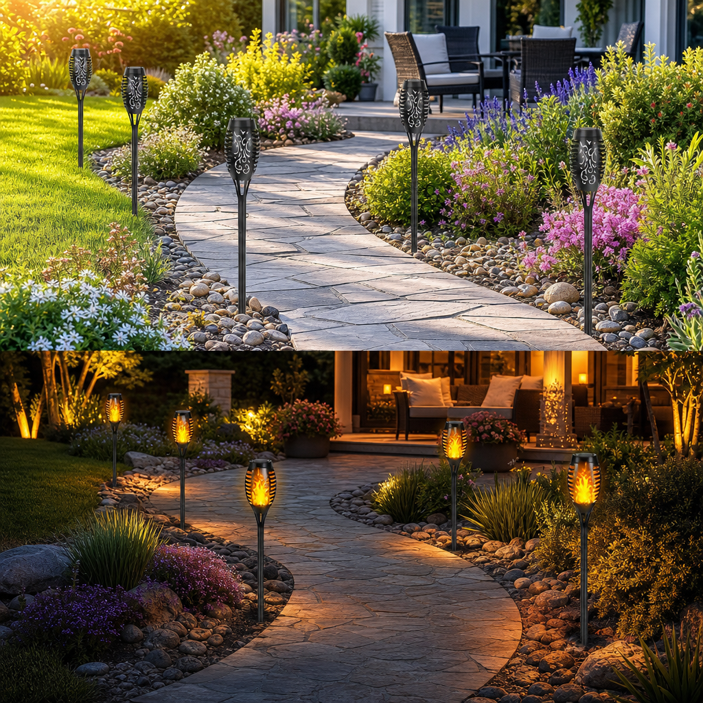 Black solar torch stake lights line a garden path in day and night settings.