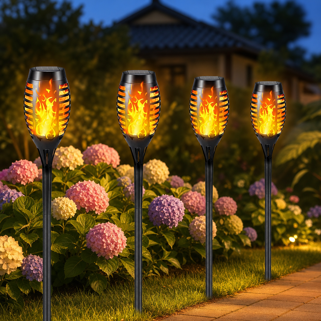 Four black solar flame garden stake lights glow beside flowers and a path.