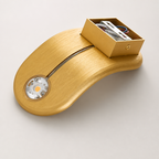 Brushed gold curved light fixture with a circular LED and open wiring compartment.