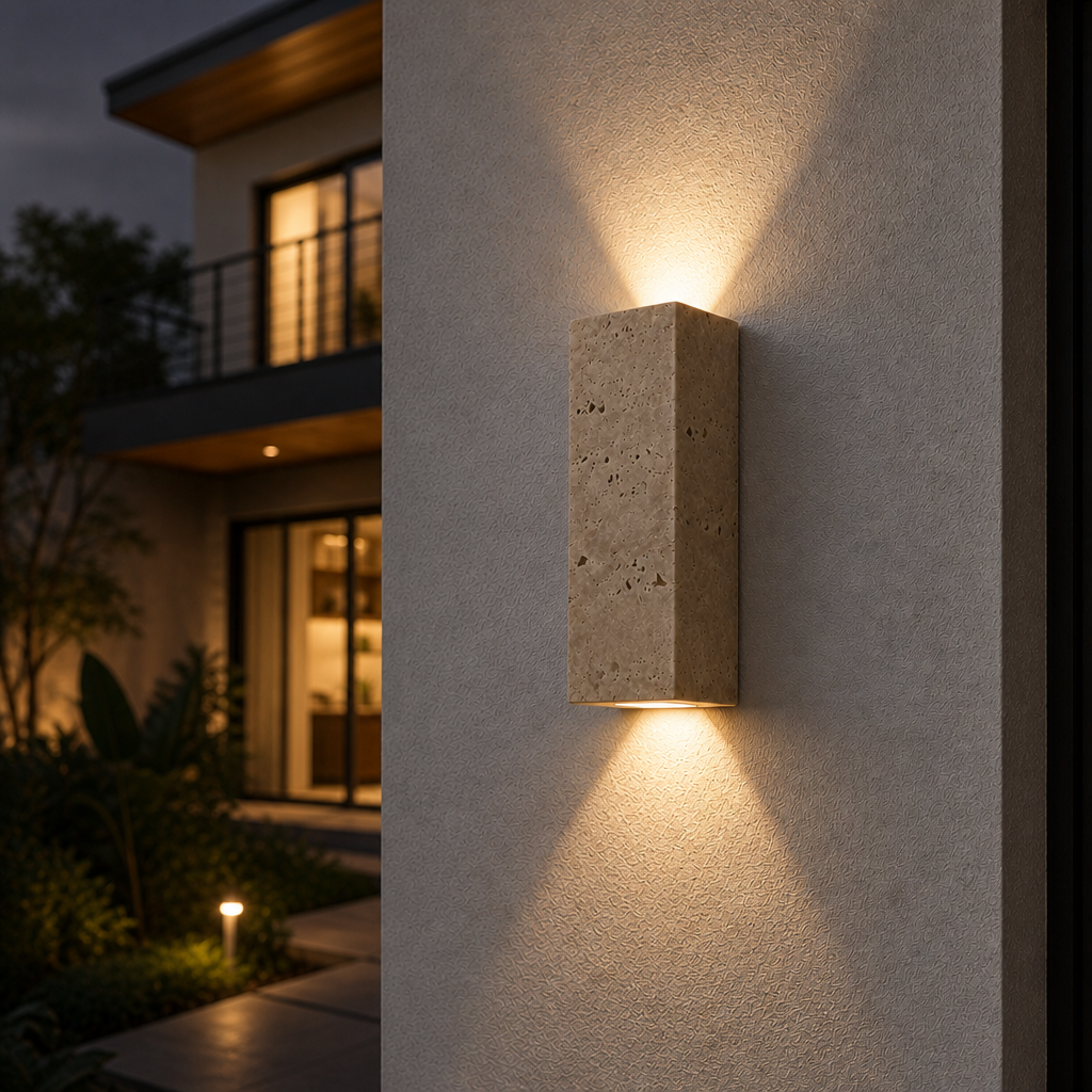 Rectangular stone wall sconce casts warm light on an exterior stucco wall.