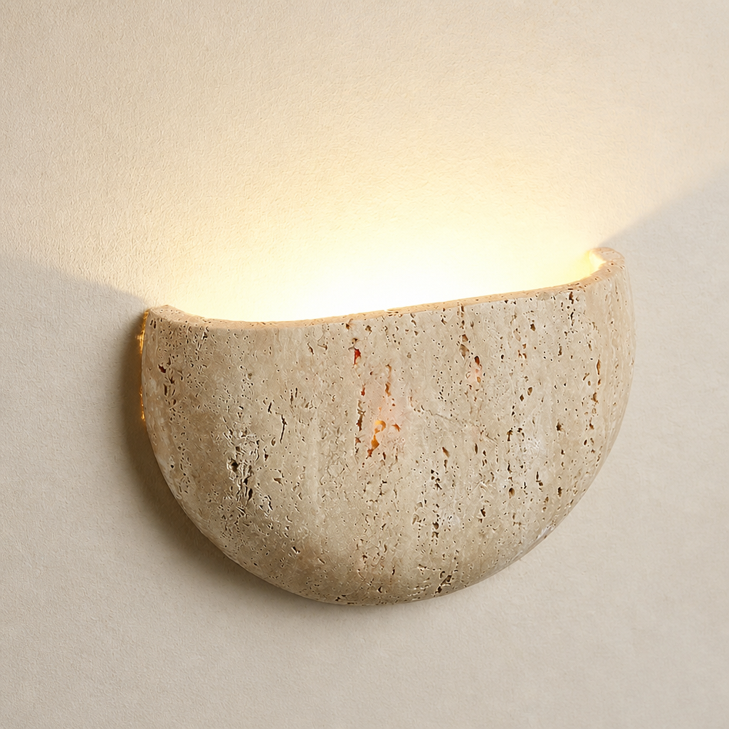 Beige textured half-bowl wall sconce casting a warm upward glow.