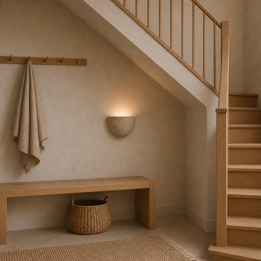 Speckled beige half-bowl wall sconce glowing warmly beneath a wooden staircase.