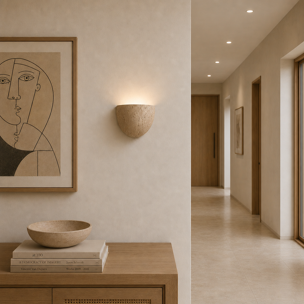 Speckled beige half-bowl wall sconce glowing on a warm neutral hallway wall.