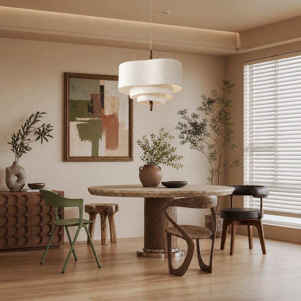 Tiered cream fabric pendant light with a wooden center over a dining table.