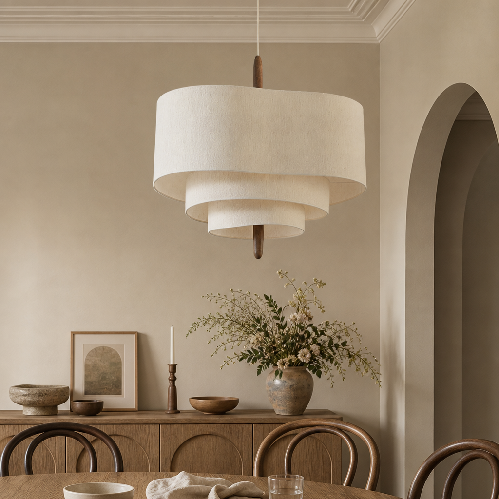 Tiered cream fabric pendant light hanging above a warm neutral dining room.