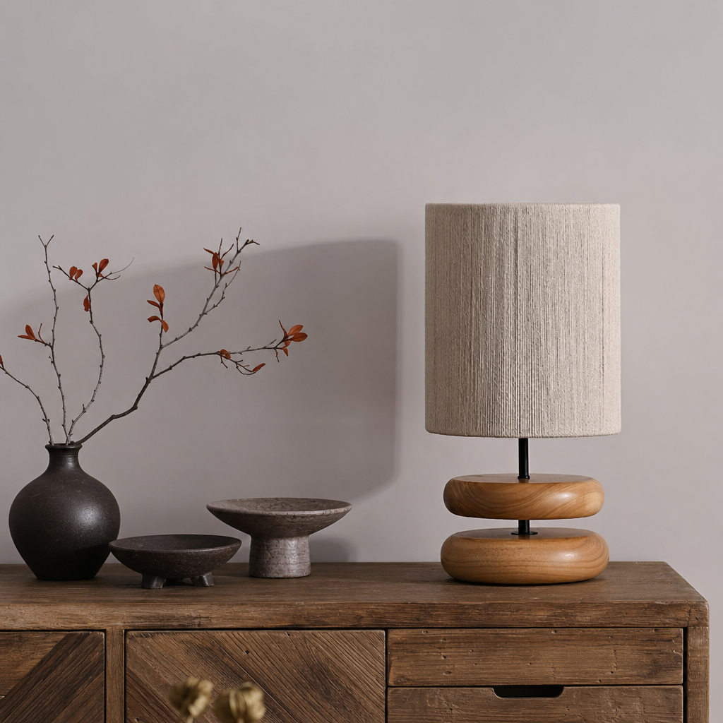 Beige fabric table lamp with stacked rounded wooden base on a rustic wooden console.