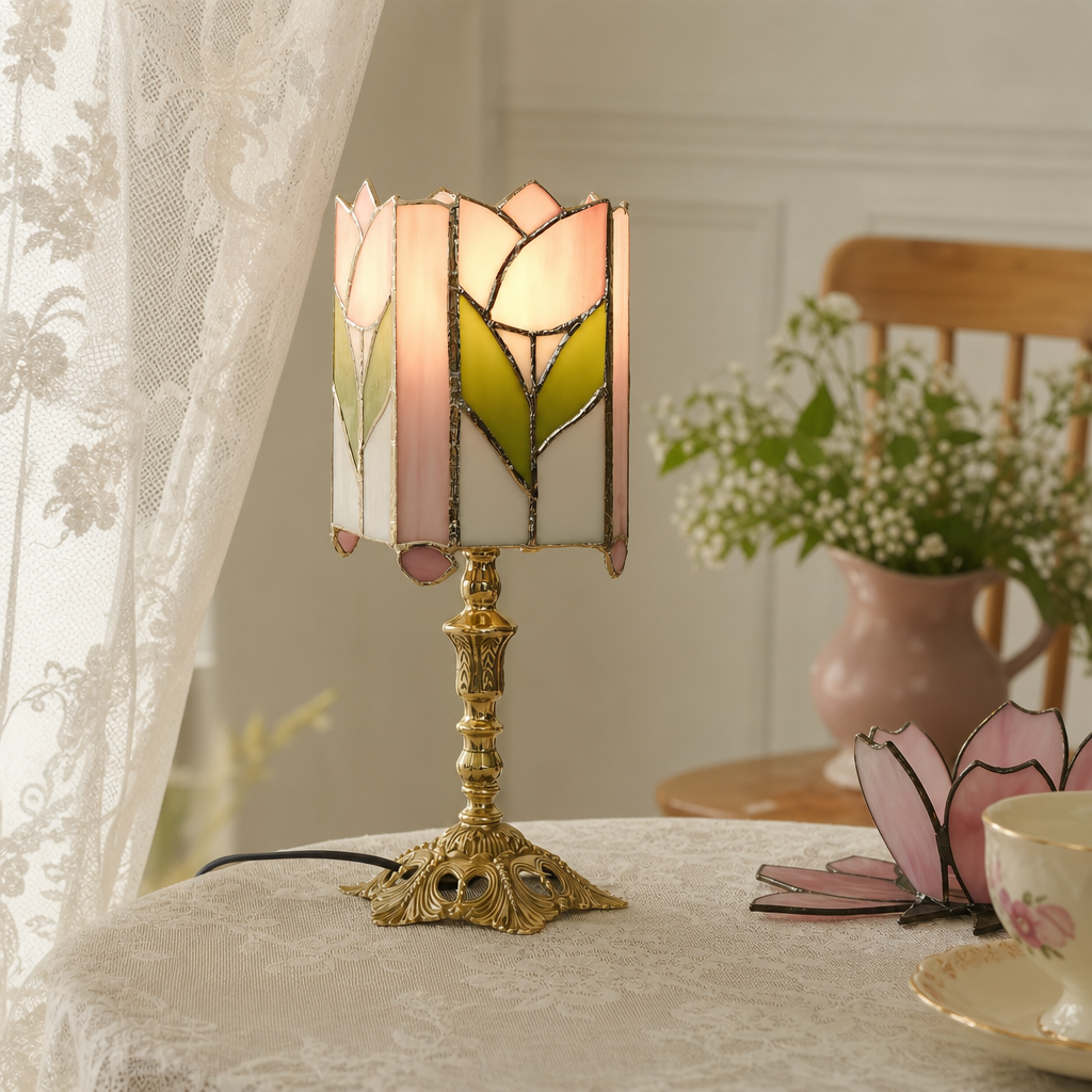 Glowing tulip stained glass table lamp with pink and green panels on an ornate gold stand.