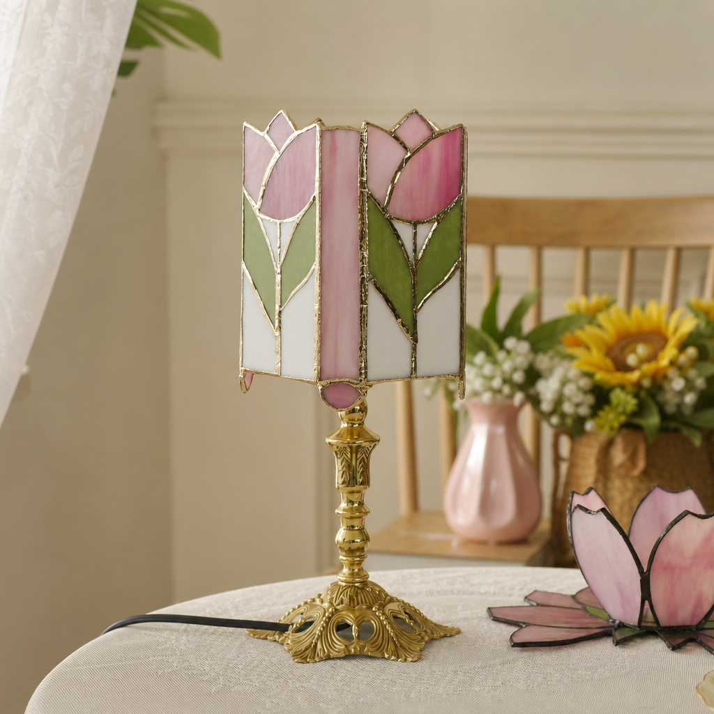 Pink tulip stained glass table lamp with an ornate gold base on a table.