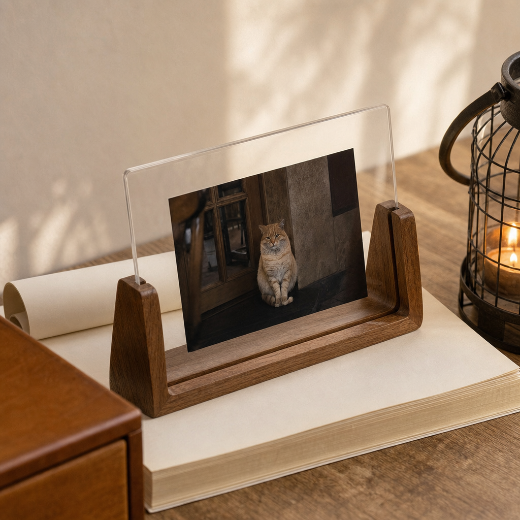 Wooden and clear acrylic tabletop photo frame displaying a cat picture on an open book.