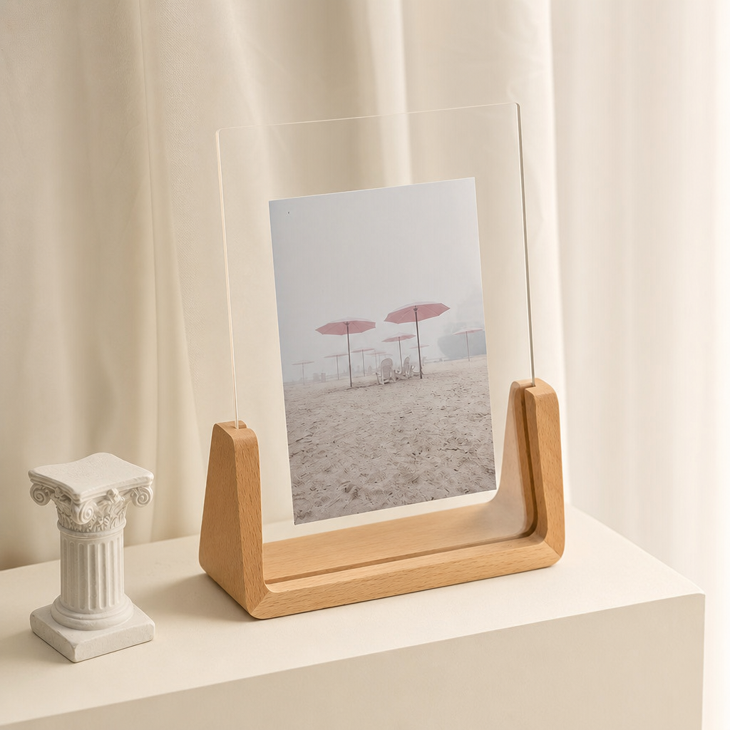 Wooden acrylic photo frame holding a beach umbrella print on a cream shelf.