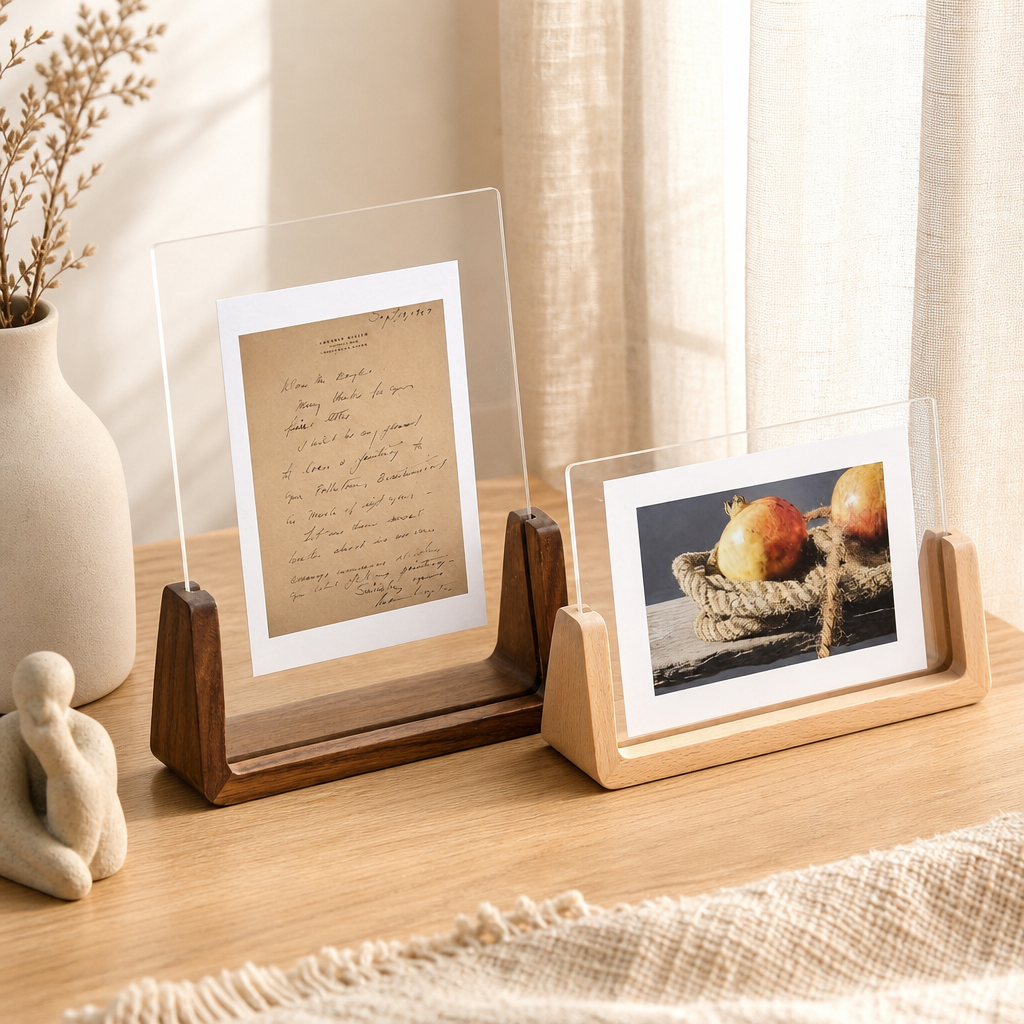 Two clear acrylic photo frames in wooden bases displayed on a sunlit wooden table.