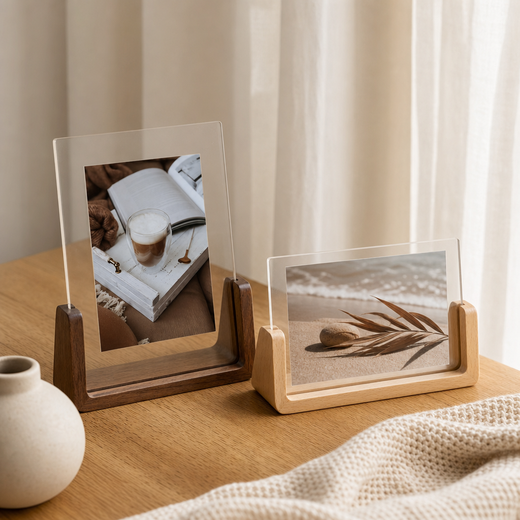 Two clear acrylic photo frames in wooden bases on a sunlit wooden table.