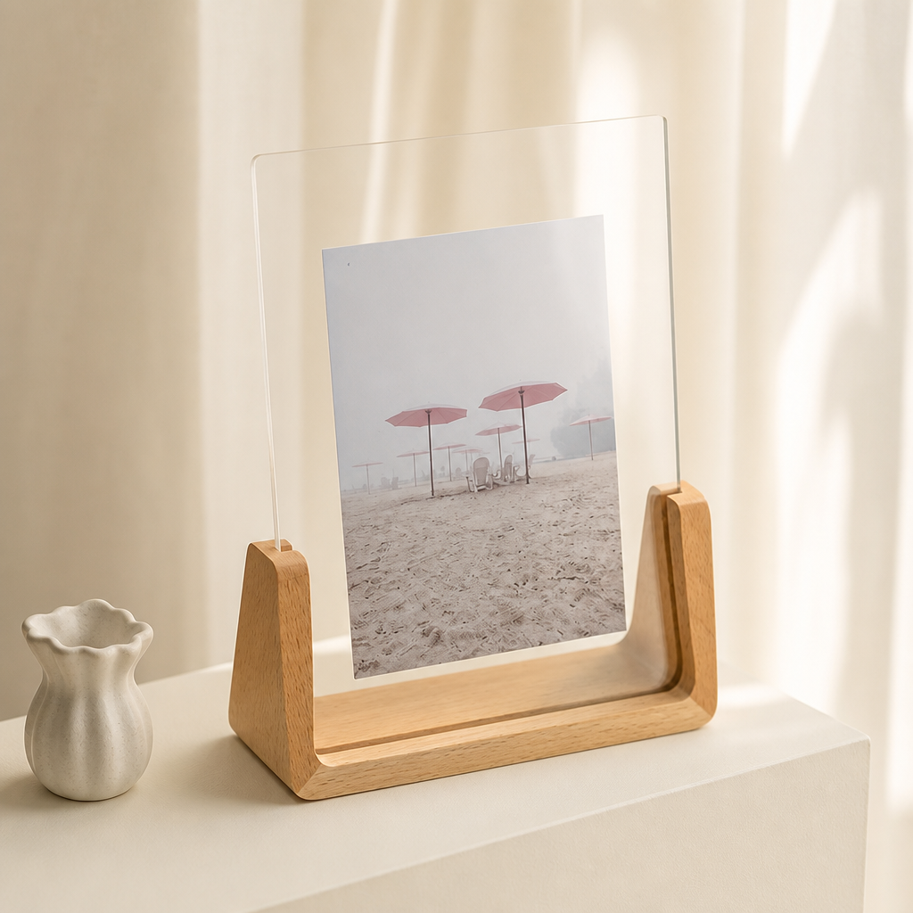 Wooden acrylic photo frame displaying a beach umbrella print on a softly lit shelf.