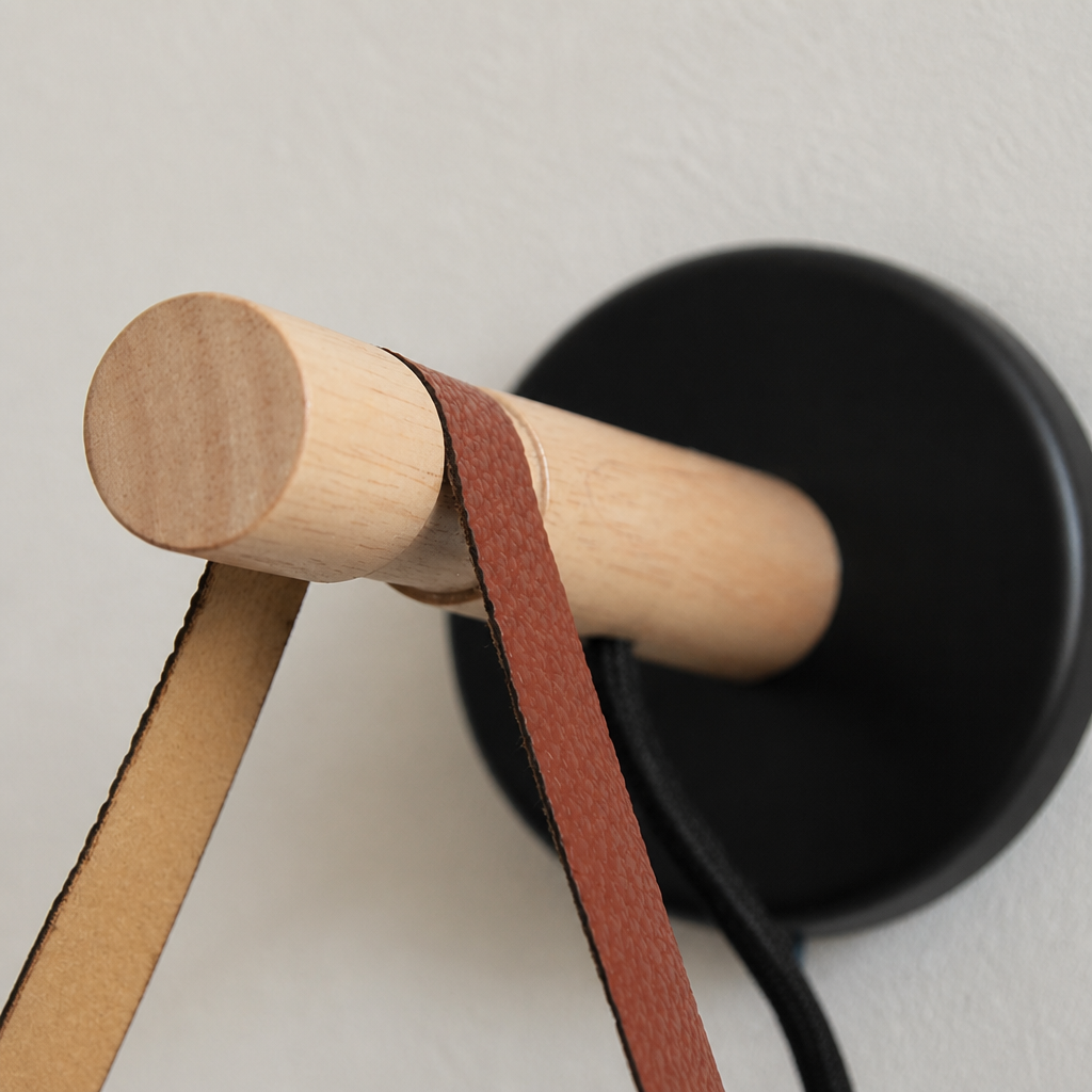 Wooden wall peg with tan and reddish leather straps hanging from a black circular mount.