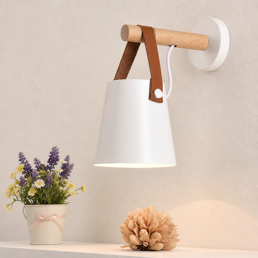 White wall lamp with wooden peg and brown leather straps above small flowers.