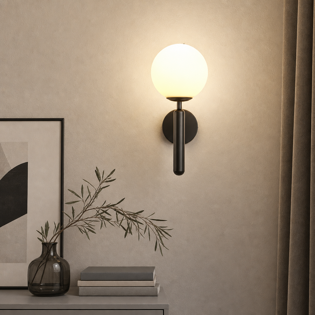 Black wall sconce with glowing white globe mounted above a console with books and a vase.