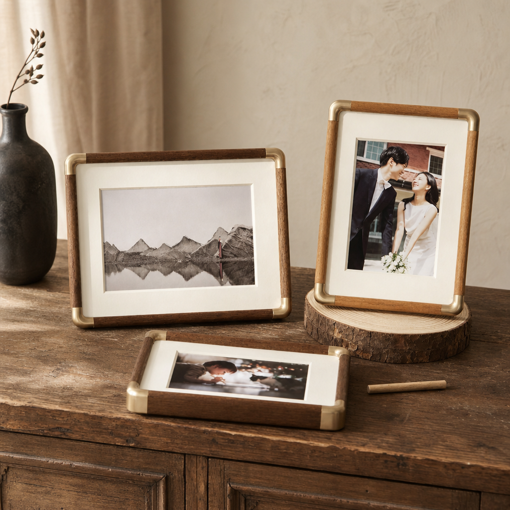 Three wood-and-brass photo frames with ivory mats displayed on a rustic wooden cabinet.