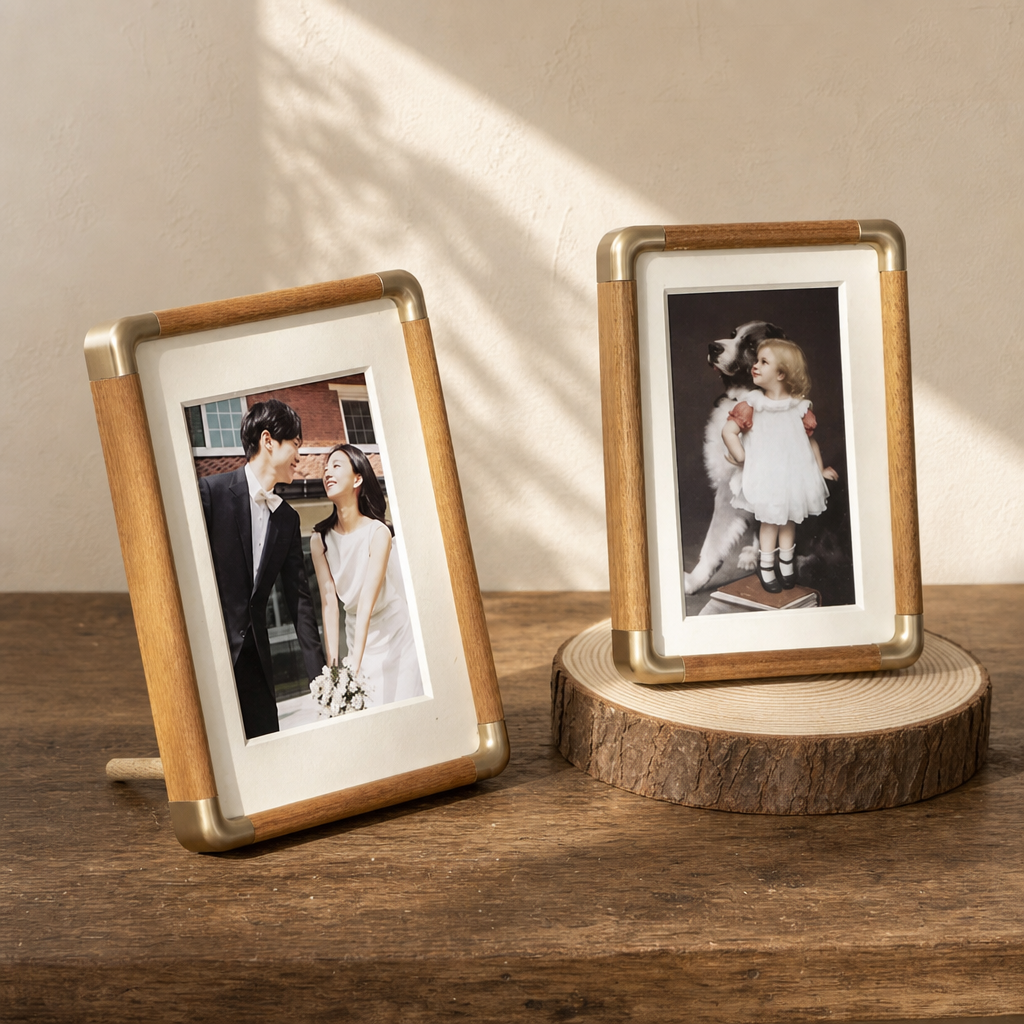 Two wooden and brass photo frames displayed on a rustic tabletop.