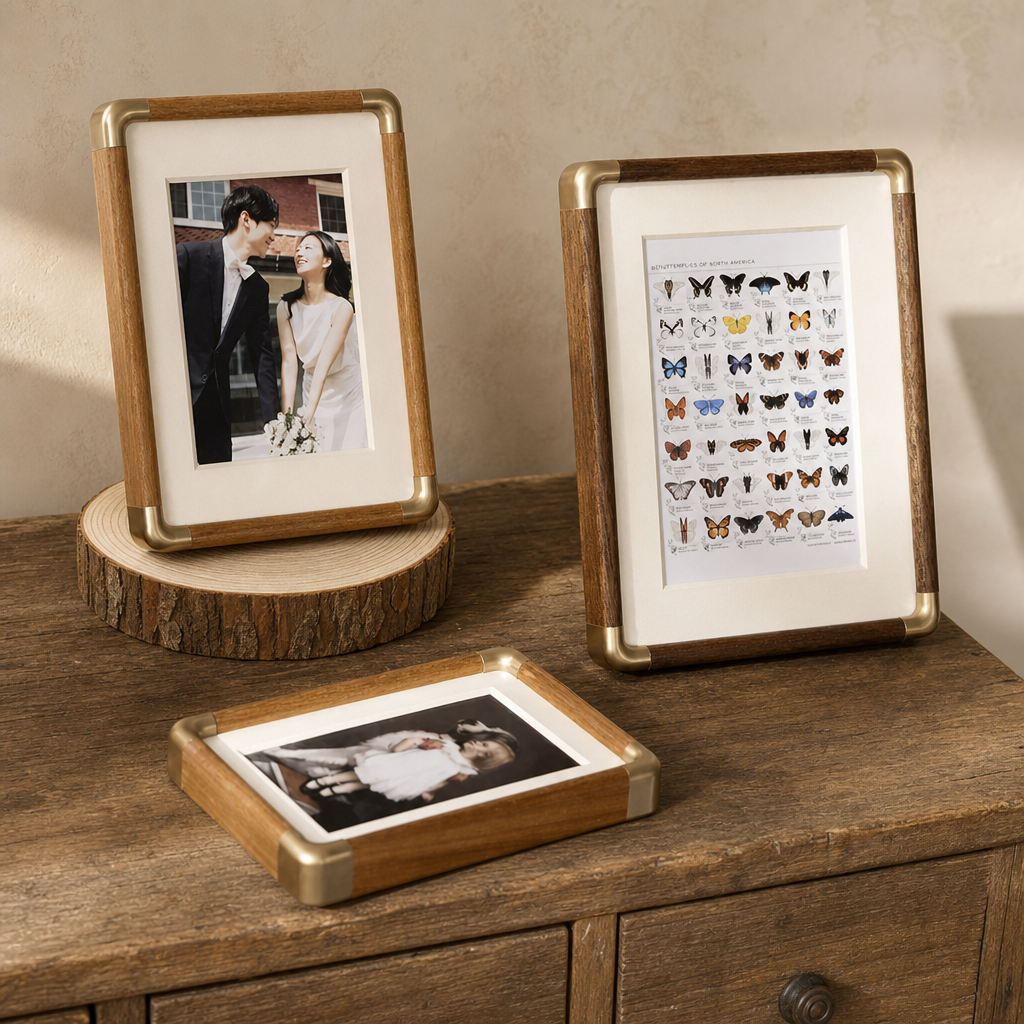 Wooden photo frames with brass corners displayed on a rustic tabletop.