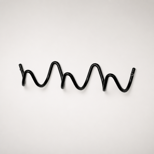 Black wavy metal wall hook rack with screw mounts on a clean white background.