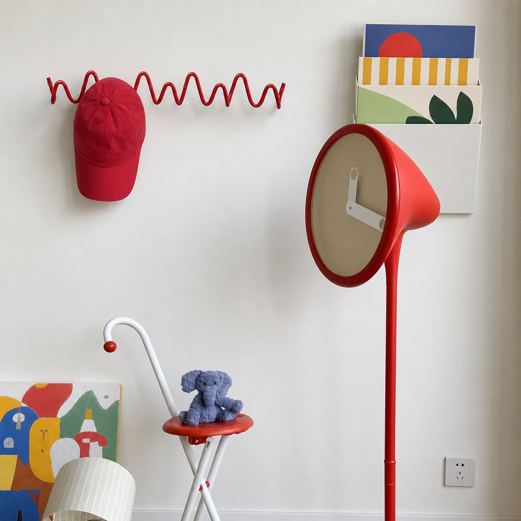 Red cone-shaped floor lamp with beige clock face in a playful room with wall decor.