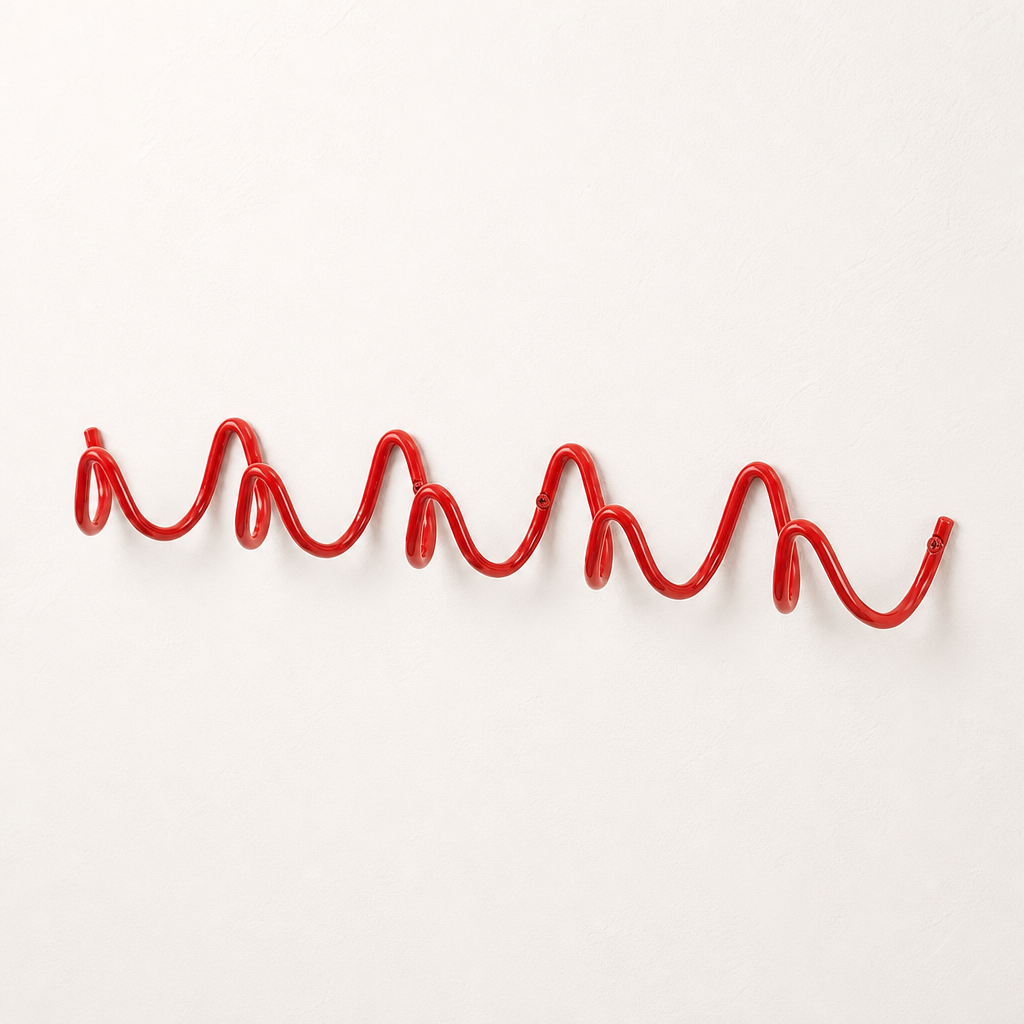 Red wavy wall-mounted coat rack on a clean white wall.