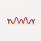 Red wavy elastic cord with small metal eyelets at both ends on a plain light background.